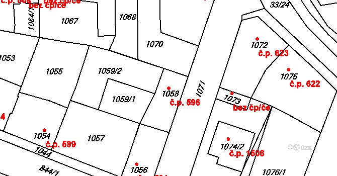 Švermov 596, Kladno na parcele st. 1058 v KÚ Motyčín, Katastrální mapa