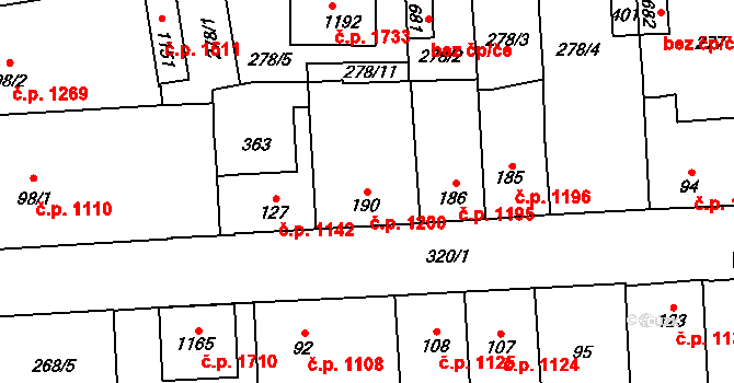 Švermov 1200, Kladno na parcele st. 190 v KÚ Hnidousy, Katastrální mapa