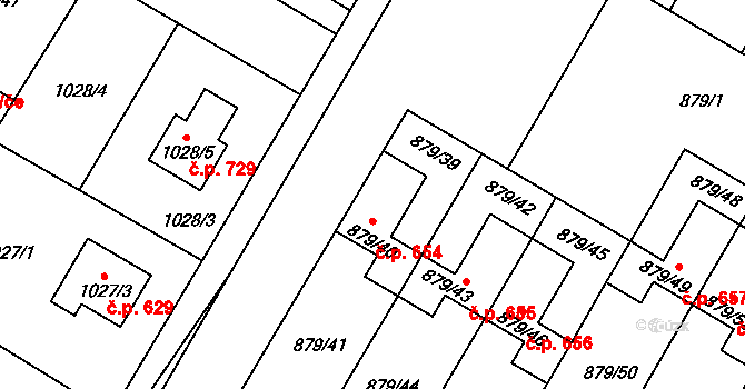 Kosmonosy 654 na parcele st. 879/40 v KÚ Kosmonosy, Katastrální mapa