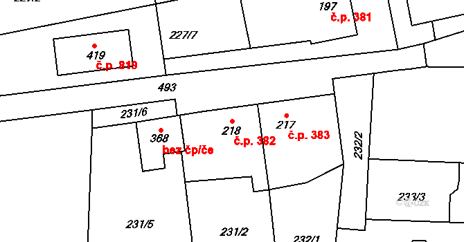 Bohuňovice 382 na parcele st. 218 v KÚ Moravská Loděnice, Katastrální mapa