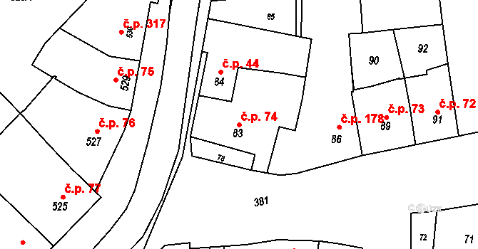Křelov 74, Křelov-Břuchotín na parcele st. 83 v KÚ Křelov, Katastrální mapa