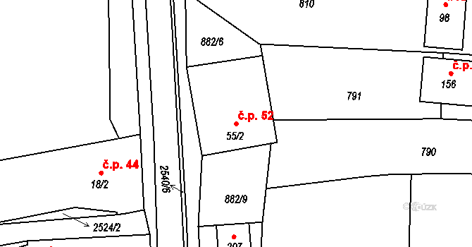 Radostice 52, Borovany na parcele st. 55/2 v KÚ Radostice u Trocnova, Katastrální mapa