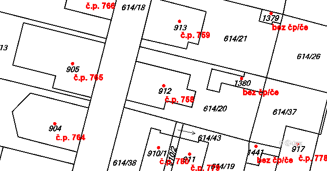 Libochovice 758 na parcele st. 912 v KÚ Libochovice, Katastrální mapa