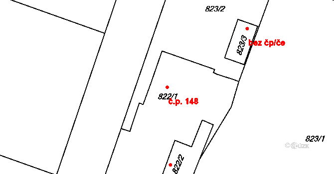 Hradištko 148 na parcele st. 822/1 v KÚ Hradištko u Sadské, Katastrální mapa