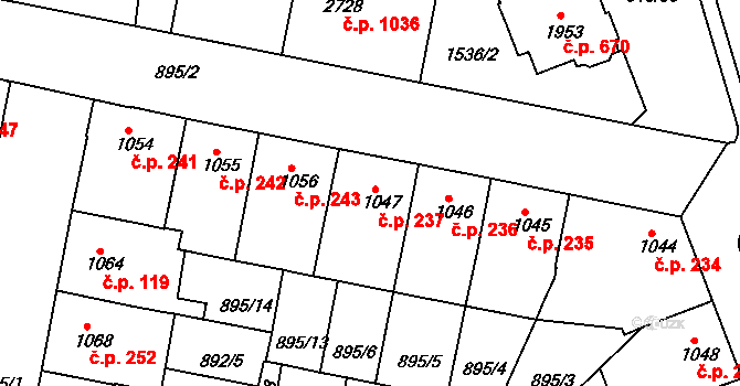 Horka-Domky 237, Třebíč na parcele st. 1047 v KÚ Třebíč, Katastrální mapa