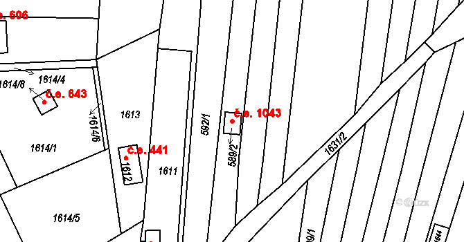 Jundrov 1043, Brno na parcele st. 589/2 v KÚ Jundrov, Katastrální mapa