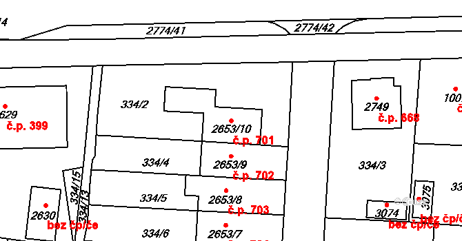 Plzeňské Předměstí 701, Rokycany na parcele st. 2653/10 v KÚ Rokycany, Katastrální mapa