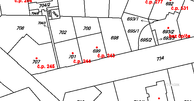 Hostivař 243, Praha na parcele st. 699 v KÚ Hostivař, Katastrální mapa