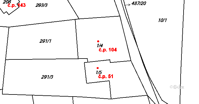 Rudka 104 na parcele st. 1/4 v KÚ Rudka, Katastrální mapa
