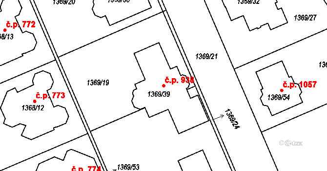 Černice 938, Plzeň na parcele st. 1369/39 v KÚ Bručná, Katastrální mapa