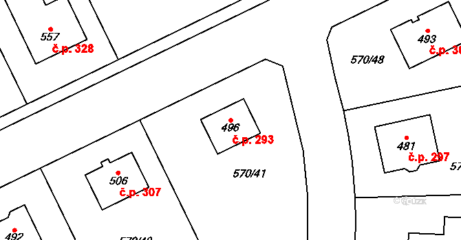 Tlustice 293 na parcele st. 496 v KÚ Tlustice, Katastrální mapa