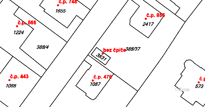 Rokycany 47093536 na parcele st. 3831 v KÚ Rokycany, Katastrální mapa