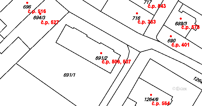 Drnovice 506,507 na parcele st. 691/2 v KÚ Drnovice u Vyškova, Katastrální mapa