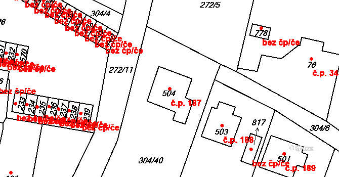 Nová Huť 187, Hrádek na parcele st. 504 v KÚ Nová Huť, Katastrální mapa