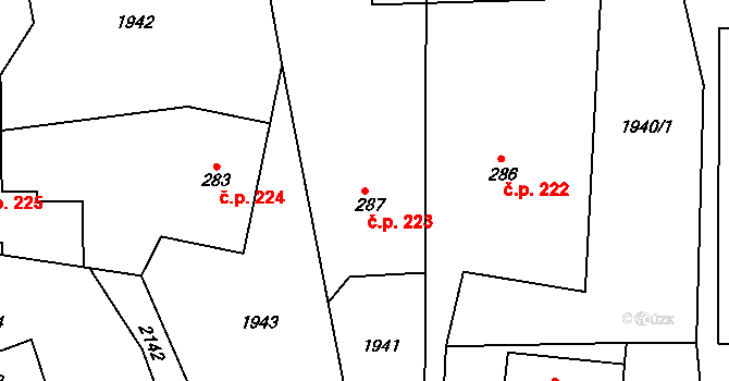Hrabišín 223 na parcele st. 287 v KÚ Hrabišín, Katastrální mapa