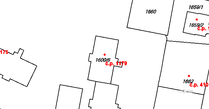 Mohelnice 1179 na parcele st. 1600/6 v KÚ Mohelnice, Katastrální mapa