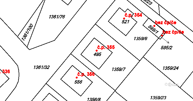 Lhenice 355 na parcele st. 495 v KÚ Lhenice, Katastrální mapa