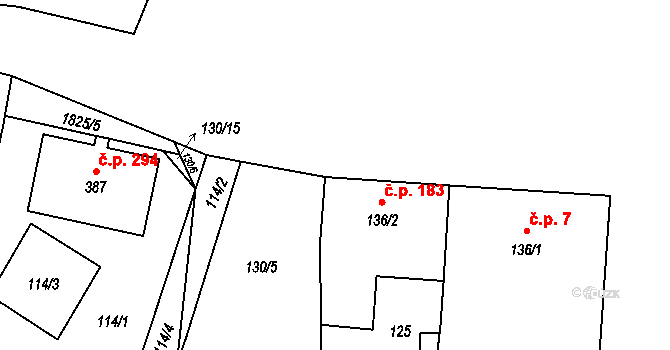 Kolešovice 183 na parcele st. 136/2 v KÚ Kolešovice, Katastrální mapa