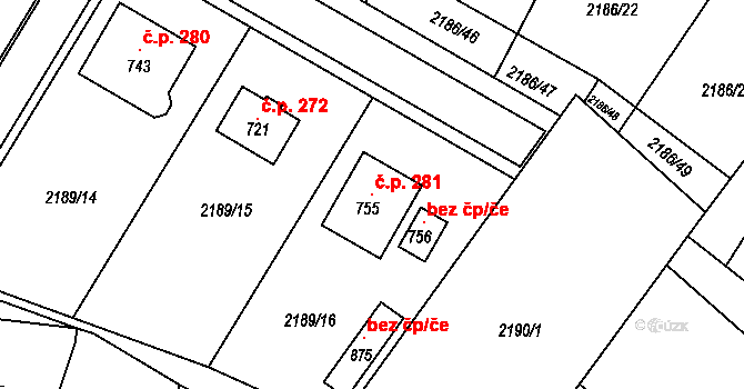 Lužná 281 na parcele st. 755 v KÚ Lužná u Vsetína, Katastrální mapa