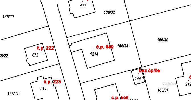 Chýně 840 na parcele st. 1214 v KÚ Chýně, Katastrální mapa