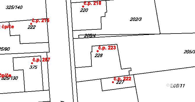 Nehvizdy 223 na parcele st. 228 v KÚ Nehvizdy, Katastrální mapa