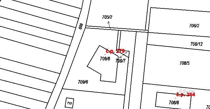 Milešovice 279 na parcele st. 709/8 v KÚ Milešovice, Katastrální mapa