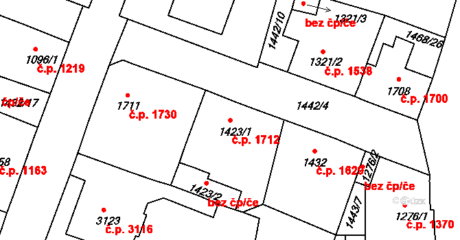 Jablonec nad Nisou 1712 na parcele st. 1423/1 v KÚ Jablonec nad Nisou, Katastrální mapa