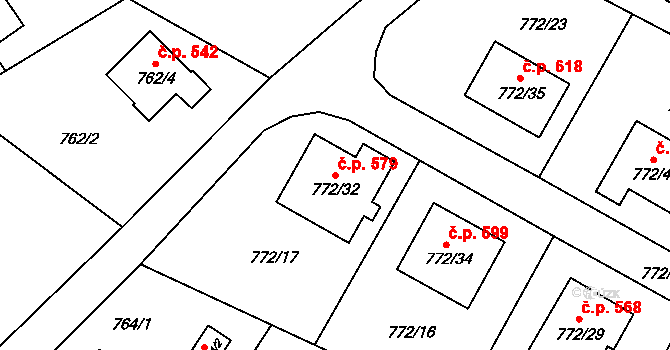 Fryčovice 579 na parcele st. 772/32 v KÚ Fryčovice, Katastrální mapa
