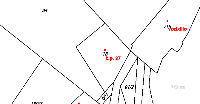 Dolní Lomnice 27, Kunice na parcele st. 13 v KÚ Dolní Lomnice u Kunic, Katastrální mapa