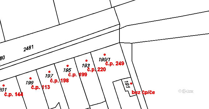 Grygov 249 na parcele st. 190/1 v KÚ Grygov, Katastrální mapa