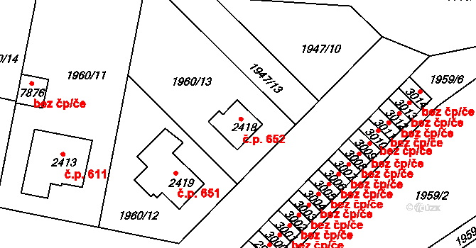 Borovina 652, Třebíč na parcele st. 2418 v KÚ Třebíč, Katastrální mapa