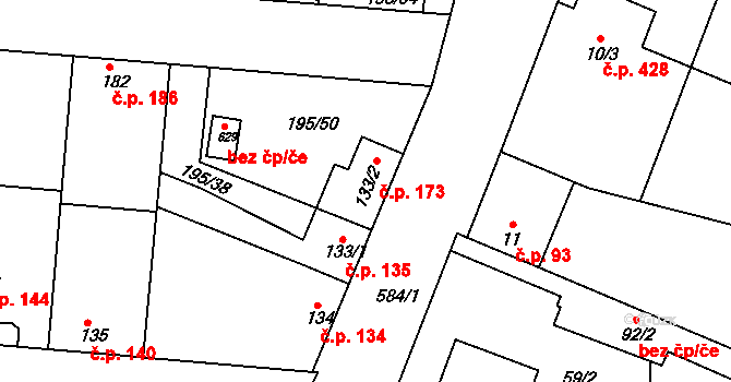 Dobroměřice 173 na parcele st. 133/2 v KÚ Dobroměřice, Katastrální mapa