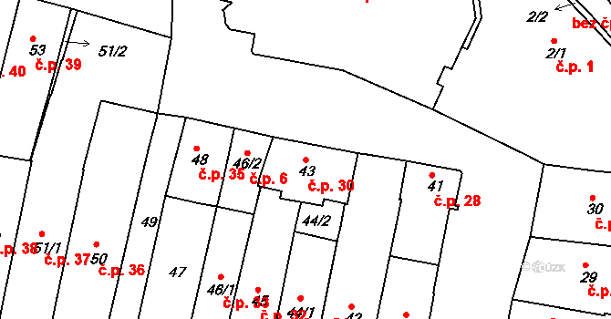 Frýdek 30, Frýdek-Místek na parcele st. 43 v KÚ Frýdek, Katastrální mapa