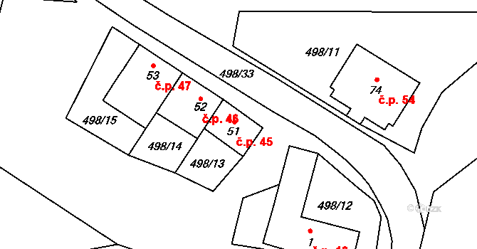 Kamenný Malíkov 45 na parcele st. 51 v KÚ Kamenný Malíkov, Katastrální mapa