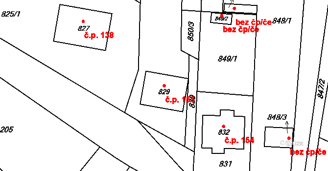Konice 153, Znojmo na parcele st. 829 v KÚ Konice u Znojma, Katastrální mapa