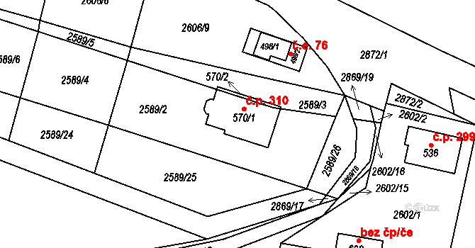 Ledce 310 na parcele st. 570/1 v KÚ Ledce u Plzně, Katastrální mapa