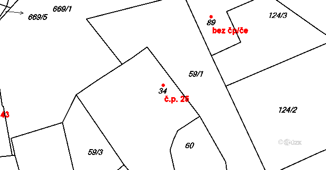 Měšetice 25, Sedlec-Prčice na parcele st. 34 v KÚ Měšetice, Katastrální mapa