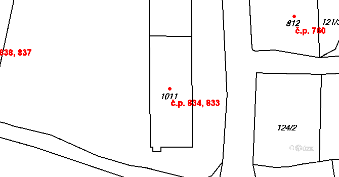 Hranice 833,834 na parcele st. 1011 v KÚ Hranice u Aše, Katastrální mapa