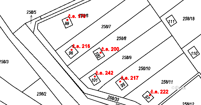 Kunčí 200, Slatiňany na parcele st. 100 v KÚ Kunčí, Katastrální mapa