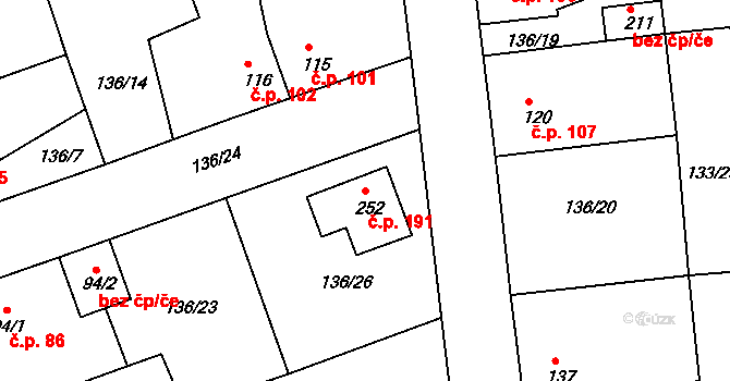 Tachlovice 191 na parcele st. 252 v KÚ Tachlovice, Katastrální mapa