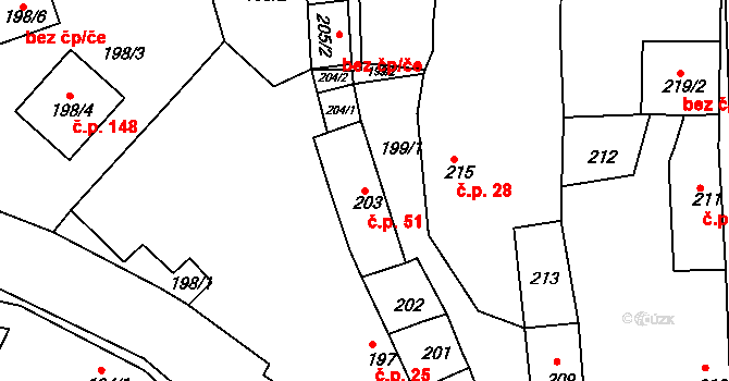 Malesice 51, Plzeň na parcele st. 203 v KÚ Malesice, Katastrální mapa