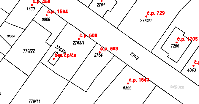 Bílé Předměstí 599, Pardubice na parcele st. 2764 v KÚ Pardubice, Katastrální mapa