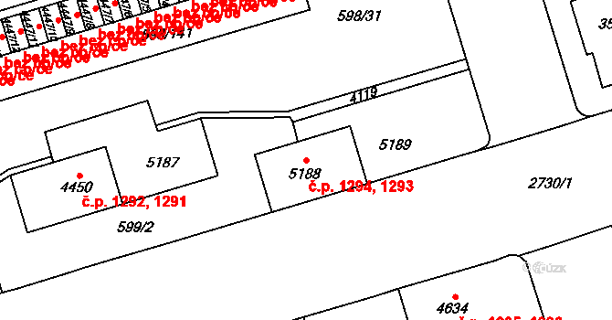 Bílé Předměstí 1293,1294, Pardubice na parcele st. 5189 v KÚ Pardubice, Katastrální mapa