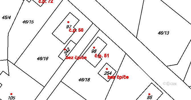 Plačkov 51, Humpolec na parcele st. 98 v KÚ Plačkov, Katastrální mapa