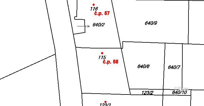 Počátky 58, Chotěboř na parcele st. 115 v KÚ Počátky u Chotěboře, Katastrální mapa