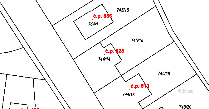 Chotíkov 523 na parcele st. 744/14 v KÚ Chotíkov, Katastrální mapa