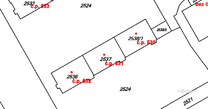 Lyžbice 531, Třinec na parcele st. 2537 v KÚ Lyžbice, Katastrální mapa