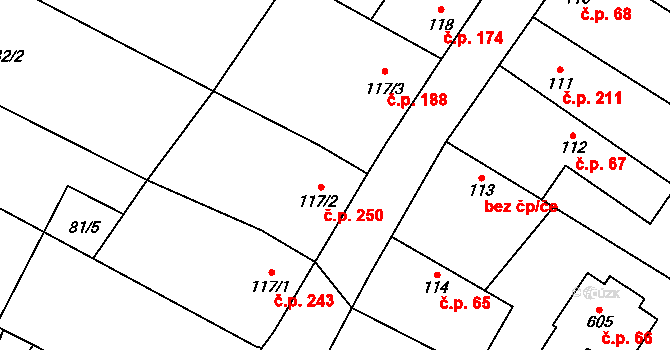 Rožďalovice 250 na parcele st. 117/2 v KÚ Rožďalovice, Katastrální mapa