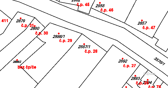 Nosálovice 28, Vyškov na parcele st. 2887/1 v KÚ Vyškov, Katastrální mapa
