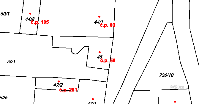 Sedlec 59, Sedlec-Prčice na parcele st. 45 v KÚ Sedlec u Votic, Katastrální mapa